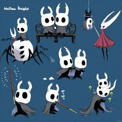  6+others ? arizuka_(catacombe) bench blue_background bound broken_vessel_(hollow_knight) bug cloak commentary_request copyright_name cracked_mask eating female food highres holding holding_food holding_hands holding_pocky hollow_knight hollow_knight_(character) hornet_(hollow_knight) knight_(hollow_knight) looking_at_another mask multiple_others multiple_views nail_(hollow_knight) needle_(hollow_knight) no_humans old_nail_(hollow_knight) photoshop_(medium) pocky riding sharpened_nail_(hollow_knight) side-by-side signature simple_background sitting spider sword tied_up_(nonsexual) translation_request weapon white_headwear 