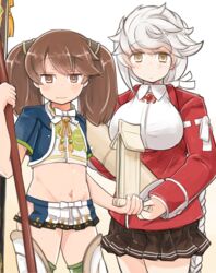  2girls asymmetrical_hair bad_id bad_pixiv_id braid breasts brown_eyes brown_hair brown_skirt cloud_print cosplay costume_switch cowboy_shot enjaku_izuku flat_chest highres hip_vent holding holding_scroll japanese_clothes kantai_collection kariginu large_breasts long_hair long_sleeves magatama midriff miniskirt multiple_girls navel pleated_skirt ryuujou_(kancolle) ryuujou_kai_ni_(kancolle) ryuujou_kai_ni_(kancolle)_(cosplay) scroll single_braid skirt standing thighhighs twintails unryuu_(kancolle) unryuu_(kancolle)_(cosplay) very_long_hair white_hair 