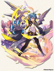  2boys aldred_(dragalia_lost) asymmetrical_gloves belt black_gloves black_pants blue_eyes blue_hair claws dragalia_lost dragon_tail dragon_wings farren_(dragalia_lost) flat_chest gloves heterochromia long_sleeves looking_at_viewer multiple_boys official_art pants short_hair smile tail wings yellow_eyes 