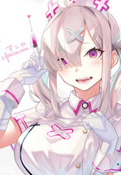  absurdres ahoge aphrodisiac blush breasts commentary_request female gloves hair_ornament hair_over_one_eye hat highres kijibato_123-gou large_breasts long_hair looking_at_viewer mole mole_under_eye nijisanji nurse nurse_cap open_mouth purple_eyes sharp_teeth smile solo sukoya_kana teeth twintails virtual_youtuber white_gloves wrist_cuffs x_hair_ornament 