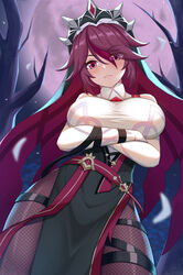  bare_shoulders breast_hold breasts cowboy_shot crossed_arms elbow_gloves eyes_visible_through_hair female fishnet_pantyhose fishnets full_moon genshin_impact gloves habit highres large_breasts looking_at_viewer lunarscent moon night nun pantyhose purple_eyes purple_hair rosaria_(genshin_impact) short_hair solo standing tree veil white_gloves 