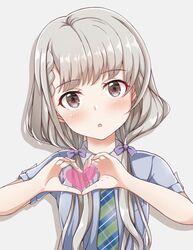  blue_shirt braid braided_bangs brown_eyes commentary_request female grey_background grey_hair heart heart_hands highres hisakawa_nagi idolmaster idolmaster_cinderella_girls long_hair low_twintails naruse_nagi necktie open_mouth shirt short_sleeves simple_background solo twintails upper_body 