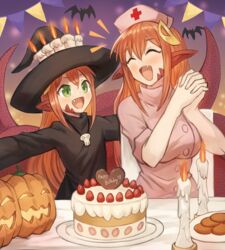  2girls :d ^_^ absurdres bat_(animal) birthday_cake birthday_party blush breasts cake candle chocolate closed_eyes commission cookie food fruit green_eyes hair_between_eyes hair_ornament hairclip halloween halloween_costume happy happy_birthday hat highres jack-o&#039;-lantern jewelry lamia large_breasts miia_(monster_musume) mika_(miiafag) monster_girl monster_musume_no_iru_nichijou mother_and_daughter multiple_girls necklace nurse nurse_cap oerba_yun_fang open_mouth original outstretched_arms own_hands_together plate pointy_ears pumpkin red_hair skull slit_pupils smile sookmo spread_arms strawberry table tail witch witch_hat 