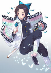  animal animal_on_hand black_hair black_jacket black_pants breasts bug butterfly butterfly_hair_ornament butterfly_on_hand commentary demon_slayer_uniform female forehead gradient_background grey_background grey_footwear hair_ornament highres itachi_kanade jacket katana kimetsu_no_yaiba kochou_shinobu long_sleeves looking_away medium_breasts open_clothes pants parted_bangs parted_lips purple_eyes sandals sheath sheathed sidelocks solo sword weapon white_background white_legwear wide_sleeves zouri 