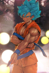  1boy alternate_skin_color bara blue_hair blush commentary_request dougi dragon_ball dragon_ball_super feet_out_of_frame highres large_pectorals looking_at_viewer male_focus muscular muscular_male pectoral_cleavage pectoral_squeeze pectorals seductive_smile short_hair sideburns smile solo son_goku spiked_hair standing super_saiyan super_saiyan_blue supobi tan thick_eyebrows undressing veins veiny_arms 