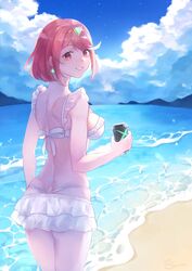  beach bikini bikini_skirt breasts cloud cloudy_sky cowboy_shot cup day earrings female from_behind highres holding holding_cup jewelry large_breasts looking_at_viewer looking_back mirin. outdoors pyra_(xenoblade) red_eyes red_hair short_hair sky smile solo swept_bangs swimsuit tiara white_bikini xenoblade_chronicles_(series) xenoblade_chronicles_2 