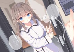  blue_eyes blurry blurry_background blush brown_hair collared_shirt commentary_request depth_of_field doorbell female hair_between_eyes highres long_hair long_sleeves looking_at_viewer loungewear open_door original parted_lips sashima shirt solo_focus translation_request white_shirt wide_sleeves 