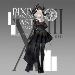  black_dress black_footwear black_gloves black_headwear black_legwear blindfold breasts character_name commentary_request copyright_name covered_eyes dress english_text facing_viewer female flower full_body gloves grey_background hat highres horns medium_hair oblivium pantyhose photoshop_(medium) pixiv_fantasia pixiv_fantasia_last_saga puffy_sleeves shoes short_dress skade standing white_hair 