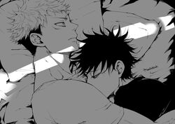  2boys closed_mouth commentary_request facial_mark fushiguro_megumi greyscale hug indoors itadori_yuuji jujutsu_kaisen looking_ahead lying male_focus monochrome multiple_boys pillow shirt short_hair short_sleeves spiked_hair twitter_username undercut yaoi youjo_(kurukuru9696) 