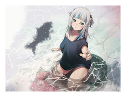  absurdres alternate_costume barefoot black_shirt blue_hair female fins fish_tail gawr_gura green_eyes grey_hair hair_ornament hairpin highres hololive hololive_english in_water kneeling looking_at_viewer multicolored_hair oversized_clothes peropicnic shadow shark_tail shirt short_sleeves short_twintails solo streaked_hair tail twintails virtual_youtuber water 