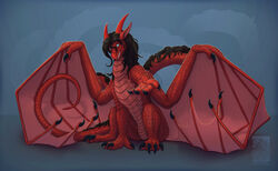  2021 claws digital_media_(artwork) dragon european_mythology female feral hi_res horn keltaan looking_at_viewer membrane_(anatomy) membranous_wings mythological_creature mythological_scalie mythology red_body red_scales reptile ries scales scalie simple_background smile solo tail teeth western_dragon wings 