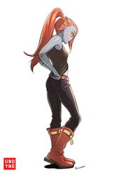  absurd_res belt blue_body boots bottomwear clothing female fin fish footwear hair hi_res looking_at_viewer marine monster noaharbre pants ponytail red_hair shirt simple_background solo tank_top topwear undertale_(series) undyne white_background yellow_sclera 