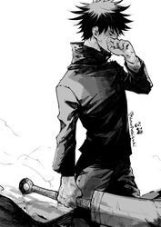  1boy bruise commentary_request fushiguro_megumi greyscale high_collar highres holding holding_weapon injury jacket jujutsu_kaisen long_sleeves male_focus monochrome outdoors pants school_uniform short_hair solo spiked_hair twitter_username weapon youjo_(kurukuru9696) 