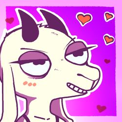  1:1 anthro bovid caprine eyelashes female fur goat gud gud_(fursona) heart_symbol horn icon looking_away low_res mammal pink_background reaction_image rule_63 simple_background solo white_body white_fur 