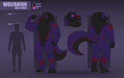  2020 abs absurd_res anthro ass back_muscles black_body black_nose black_tongue canid canine canis claws demon fire_eyes fluffy fluffy_hair fluffy_tail gradient_background hair headshot_portrait hi_res horn hybrid male mammal markings model_sheet muscular muscular_anthro muscular_male portrait purple_body purple_eyes red_markings silhouette simple_background size_difference smile solo standing tail teeth tongue tongue_out wolf wolfarion wolfarion_(character) 