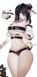  absurdres artist_request bangle bare_shoulders belt belt_bra bikini black_bikini black_hair bracelet breasts chest_belt cleavage closed_mouth collarbone commission cowboy_shot detached_sleeves drone earrings elsword eve_(2nas)_(elsword) eve_(elsword) facial_mark female hair_down hair_ornament hair_over_one_eye hat highres jewelry large_breasts long_hair looking_at_viewer mini_hat mini_top_hat moby_(elsword) multiple_belts navel one_eye_closed remy_(elsword) second-party_source solo standing stomach swimsuit thighs top_hat yellow_eyes 