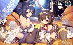  2girls ahoge animal_ears artist_name ass azur_lane back backless_leotard backless_outfit bare_back bare_shoulders blue_hair blunt_bangs blush braid breasts brown_hair cannon chinese_commentary cleavage_cutout clothing_cutout coat commentary_request covered_collarbone double_bun fake_animal_ears fake_tail food_in_mouth fur_coat hair_bun hair_ornament hair_ribbon hairband hammer high_heels highleg highleg_leotard highres holding holding_hammer kneeling leotard long_hair long_sleeves looking_at_viewer looking_back machinery medium_breasts moon multiple_girls night night_sky ning_hai_(azur_lane) ning_hai_(moon_palace_rabbit)_(azur_lane) no_shoes off_shoulder official_alternate_costume official_art oil-paper_umbrella open_clothes open_coat open_mouth panda pantyhose ping_hai_(azur_lane) ping_hai_(osmanthus_moon_rabbit)_(azur_lane) pink_eyes playboy_bunny purple_eyes purple_leotard rabbit_ears rabbit_tail red_leotard ribbon shanyao_jiang_tororo shoulder_blades sideboob single_hair_bun sitting sky sleeveless small_breasts strapless strapless_leotard tail thighhighs thighs tied_hair toeless_legwear turret two_side_up umbrella v-shaped_eyebrows wariza water 