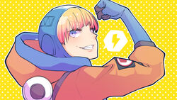  animification apex_legends blonde_hair blue_eyes blue_gloves blue_headwear bungaw female flexing from_behind gloves hood hooded_jacket jacket orange_jacket parted_lips polka_dot polka_dot_background pose smirk solo speech_bubble spoken_lightning_bolt v-shaped_eyebrows wattson_(apex_legends) yellow_background 