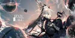  black_dress black_gloves blindfold breasts character_name cleavage copyright_name covered_eyes detached_sleeves dress elbow_gloves english_text fantasy female gloves headpiece highres holding holding_staff horns long_dress long_hair oblivium photoshop_(medium) pixiv_fantasia pixiv_fantasia_last_saga puffy_sleeves skade sky sleeveless sleeveless_dress staff white_hair 