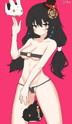  absurdres ass_visible_through_thighs bare_arms bare_shoulders belt_bra bikini black_bikini black_hair breasts chest_belt cleavage closed_mouth collarbone commission cowboy_shot drone elsword eve_(2nas)_(elsword) eve_(elsword) facial_mark female groin hair_ornament hat highres jubro long_hair looking_at_viewer lowleg lowleg_bikini medium_breasts mini_hat mini_top_hat moby_(elsword) navel orange_eyes pink_background remy_(elsword) second-party_source simple_background smile smug standing stomach strapless strapless_bikini string_bikini swimsuit thighs top_hat twintails v-shaped_eyebrows 