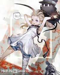  absurdres armpits arms_up artist_name bad_id bad_pixiv_id bandaged_leg bandages bangs_pinned_back black_collar blonde_hair bloomers collar copyright_name courier_(nier) cuffs dress female fio_(nier) floating_hair highres long_hair nanase_miri nier_(series) nier_reincarnation official_art open_mouth purple_eyes signature sleeveless sleeveless_dress solo stairs twintails underwear watermark white_dress 