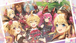  3girls 4boys ahoge animal_ears black_dress black_gloves blonde_hair blue_eyes blush bouquet brown_hair cleo_(dragalia_lost) dark-skinned_male dark_skin dragalia_lost dragon dress earrings elisanne euden flower gloves hair_flower hair_ornament holding holding_bouquet jewelry long_hair long_sleeves looking_at_viewer luca_(dragalia_lost) midgardsormr_(dragalia_lost) multiple_boys multiple_girls multiple_rings official_art one_eye_closed open_mouth pink_flower pink_hair pink_rose rabbit_ears ranzal_(dragalia_lost) ring rose side_ponytail smile veil wavy_hair zena_(dragalia_lost) zethia 