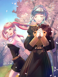  2girls :d belt black_dress black_jacket black_skirt blue_hair blue_sky braid breasts brown_belt closed_eyes commentary_request cowboy_shot crown_braid day dress fire_emblem fire_emblem:_three_houses garreg_mach_monastery_uniform hands_up highres hilda_valentine_goneril interlocked_fingers jacket juliet_sleeves long_hair long_sleeves looking_at_viewer marianne_von_edmund md5_mismatch medium_breasts multiple_girls open_mouth outdoors own_hands_together pink_hair puffy_sleeves riou_(pooh920) shirt short_dress short_hair short_sleeves skirt skirt_set sky smile standing twintails white_shirt 