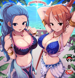  2girls :d :q armlet armpits arms_up bare_shoulders bikini bikini_top_only blue_bikini blue_eyes blue_hair blue_skirt blue_sky blue_vest blush breasts cleavage clima-tact cloud collarbone commentary_request cowboy_shot day earrings groin half_updo harem_outfit hat highres holding holding_staff jewelry jolly_roger kasai_shin large_breasts long_hair long_skirt looking_at_viewer midriff multiple_girls nami_(one_piece) navel necklace nefertari_vivi ocean official_alternate_costume one_piece open_mouth orange_hair parted_bangs pink_vest ponytail railing short_hair sidelocks signature skirt skull_and_crossbones sky smile staff standing straw_hat straw_hats_jolly_roger sweat swimsuit tongue tongue_out vest white_skirt 