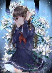  absurdres blue_serafuku blue_skirt brown_eyes brown_hair commentary_request female flower hand_on_own_ear highres leaf lily_(flower) long_hair looking_at_viewer motimoti067 original pleated_skirt school_uniform serafuku skirt solo white_flower 