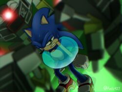  anthro blue_body blue_fur bodily_fluids bound bubble clothing duo eulipotyphlan footwear fur gloves glowing green_eyes gun_hunter handwear hedgehog kalk427 machine male mammal robot sega shoes soap_shoes sonic_the_hedgehog sonic_the_hedgehog_(series) sweat water 