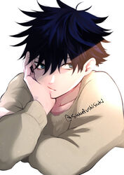  1boy black_hair blue_eyes closed_mouth commentary_request fushiguro_megumi hair_between_eyes hand_on_own_cheek hand_on_own_face hand_rest highres jujutsu_kaisen long_sleeves male_focus short_hair simple_background solo spiked_hair sweater twitter_username white_background youjo_(kurukuru9696) 