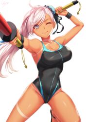  ;q accessory_tan antenna_hair aqua_eyes aqua_headwear arm_up armpits asymmetrical_hair bare_shoulders bikini_tan black_footwear black_one-piece_swimsuit black_ribbon black_wristband blue_one-piece_swimsuit blush breasts bun_cover cleavage closed_mouth collarbone commentary_request competition_swimsuit covered_navel cowboy_shot dual_wielding fate/grand_order fate_(series) female fingernails foreshortening frills groin hair_between_eyes hair_bun hair_ribbon highleg highleg_swimsuit highres hip_focus holding large_breasts leg_lift legs_apart light_smile long_fingernails long_hair looking_at_viewer miyamoto_musashi_(fate) miyamoto_musashi_(swimsuit_berserker)_(fate) miyamoto_musashi_(swimsuit_berserker)_(first_ascension)_(fate) one-piece_swimsuit one_eye_closed outstretched_arm ribbon sakiyamama sandals sidelocks signature simple_background single_side_bun single_sidelock smile solo standing standing_on_one_leg swept_bangs swimsuit tan tanlines thighs tongue tongue_out toy_sword two-tone_swimsuit white_background white_hair wristband 