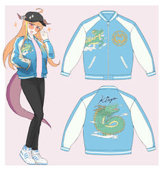  adidas ahoge alternate_costume baseball_cap black_headwear black_pants blonde_hair blue_jacket bow character_name clothes_writing commentary_request diagonal-striped_bow diagonal_stripes dragon dragon_girl dragon_horns dragon_tail eastern_dragon emblem female hand_in_pocket hand_up hat head_tilt highres hololive horn_bow horn_ornament horns jacket kiryu_coco letterman_jacket long_hair long_sleeves looking_at_viewer multicolored_clothes multicolored_hair multicolored_jacket multiple_views open_clothes open_jacket open_mouth orange-tinted_eyewear orange_hair oumi_(rsag) pants pink_background pink_shirt pointy_ears print_jacket purple_eyes shirt shoes sidelocks sneakers sparkle streaked_hair striped striped_bow sukajan sunglasses tail tinted_eyewear two-tone_jacket virtual_youtuber white_jacket 