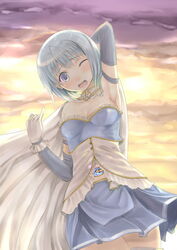  armpits blue_eyes blue_hair breasts cape cleavage commentary_request elbow_gloves female gloves highres looking_at_viewer magical_girl mahou_shoujo_madoka_magica mahou_shoujo_madoka_magica_(anime) midriff miki_sayaka miki_sayaka_(magical_girl) one_eye_closed pinky_out short_hair skirt small_breasts smile solo strapless thighhighs vicsen-u5 white_thighhighs 