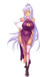  absurdres blue_eyes boots breasts china_dress chinese_clothes cleavage cleavage_cutout clothing_cutout dark-skinned_female dark_skin detached_sleeves dress female full_body hands_on_own_hips highres hikage_eiji koihime_musou kougai large_breasts light_purple_hair long_hair looking_at_viewer mole mole_under_mouth official_art pelvic_curtain ponytail sidelocks silver_hair sleeveless smile solo standing thighhighs transparent_background very_long_hair 