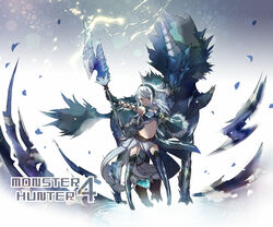  belt black_gloves blue_thighhighs breasts cleavage commentary_request female fur_trim garter_straps gloves hairband heart holding holding_weapon horns kirin_(armor) kirin_(monster_hunter) long_hair medium_breasts monster_hunter_(character) monster_hunter_(series) monster_hunter_4 navel open_mouth outstretched_arms polearm ren-co sideboob single_horn skirt smile solo spear text_focus thighhighs title weapon white_hair yellow_eyes 