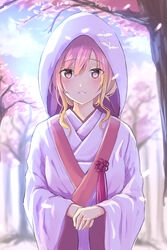  bad_id bad_pixiv_id blonde_hair blue_sky blurry blush bride cherry_blossoms cloud day depth_of_field female gradient_hair hand_fan highres hijiri_byakuren hood japanese_clothes jewelry kimono long_hair looking_at_viewer multicolored_hair outdoors own_hands_together parted_lips purple_eyes ring sky smile solo touhou uchikake ucukrtz wataboushi wedding_ring 