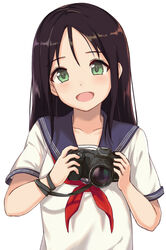  black_hair blush camera canon_(company) collarbone commentary female green_eyes hair_between_eyes highres holding holding_camera itachi_kanade long_hair looking_at_viewer neckerchief open_mouth original school_uniform serafuku simple_background smile solo uniform upper_body white_background 