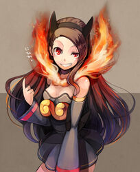  bad_id bad_pixiv_id bare_shoulders breasts brown_hair commentary_request cosplay detached_sleeves dress emboar emboar_(cosplay) female fire grin hairband idolmaster idolmaster_(classic) long_hair medium_breasts minase_iori pointing pokemon pos_(shiratama-ya) red_eyes smile solo uneven_eyes 