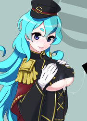  aqua_hair bad_id bad_pixiv_id blue_eyes blush breast_suppress breasts clothing_cutout commentary_request epaulettes eyebrows female gloves hat imagawa_yoshimoto_(sengoku_collection) large_breasts long_hair scotch_(blaze) sengoku_collection sexually_suggestive slimy smile solo underboob underboob_cutout uniform white_gloves 