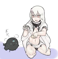  :d abyssal_ship alternate_skin_color black_panties commentary_request convenient_arm crossed_bangs enemy_aircraft_(kancolle) escort_princess female fingernails food full_body geromonja_teitoku grey_nails groin hair_between_eyes holding holding_food horns kantai_collection kneeling legs_apart long_hair looking_at_another nail_polish navel open_mouth orange_eyes orange_pupils pale_skin panties potato puffy_short_sleeves puffy_sleeves revealing_clothes shaded_face shibafu_(glock23)_(style) short_sleeves simple_background single_horn smile solo stomach tareme underwear white_background white_hair 