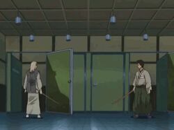  2boys animated animated bathroom brown_hair gintama japanese_clothes kondou_isao multiple_boys sword toujou_ayumu weapon wooden_sword 