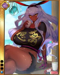  artist_request beach breasts clothes_writing crop_top crossed_legs dark-skinned_female dark_skin day female food fruit glass_float hairband itou_ittousai_(sengoku_bushouki_muramasa) jpeg_artifacts large_breasts long_hair official_art purple_rope ribbon rope sengoku_bushouki_muramasa sitting sky solo water watermelon wind_chime yellow_eyes 