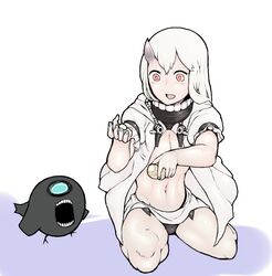  :d abyssal_ship alternate_skin_color black_panties commentary_request convenient_arm crossed_bangs enemy_aircraft_(kancolle) escort_princess female fingernails food full_body geromonja_teitoku grey_nails groin hair_between_eyes holding holding_food horns kantai_collection kneeling legs_apart long_hair looking_at_another nail_polish navel open_mouth orange_eyes orange_pupils pale_skin panties potato puffy_short_sleeves puffy_sleeves revealing_clothes short_sleeves simple_background single_horn smile solo stomach tareme underwear white_background white_hair 