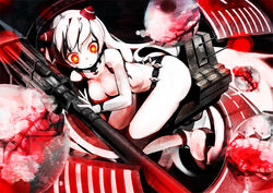  abyssal_ship airfield_princess bad_id bad_pixiv_id breasts colored_skin female horns kantai_collection machinery medium_breasts onasuba red_eyes sitting solo turret white_hair white_skin 