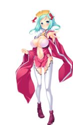  absurdres aqua_hair ass_visible_through_thighs bare_shoulders blue_eyes blush boots breasts cleavage dress female full_body glasses hair_ornament highres hikage_eiji jewelry koihime_musou large_breasts looking_at_viewer navel outstretched_hand pelvic_curtain rikuson shin_koihime_musou short_dress short_hair smile solo transparent_background white_legwear wide_sleeves 