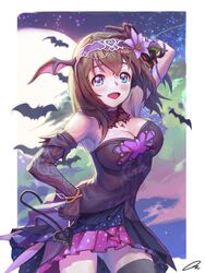  armpits bare_shoulders bat_(animal) bat_wings black_gloves blue_eyes blush breasts brown_hair cleavage commentary_request demon_tail dress elbow_gloves female flower gloves hair_flower hair_ornament hairband hand_on_own_hip head_wings highres idolmaster idolmaster_cinderella_girls korean_commentary large_breasts long_hair looking_at_viewer oz_(gerbera7) partial_commentary sagisawa_fumika solo tail wings 