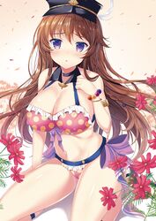  :o arm_support armlet bikini bracelet braid breasts brown_hair choker cleavage commentary_request cosmos_(flower) covered_nipples female flower frilled_bikini frills granblue_fantasy hat jewelry large_breasts lecia_(granblue_fantasy) lecia_(summer)_(granblue_fantasy) long_hair looking_at_viewer naruse_mamoru navel petals polka_dot polka_dot_bikini purple_eyes side_braid solo swimsuit 