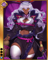  artist_request bracelet breasts dark-skinned_female dark_skin female gourd itou_ittousai_(sengoku_bushouki_muramasa) jewelry jpeg_artifacts katana large_breasts long_hair official_art parted_lips purple_rope rope sayagata sengoku_bushouki_muramasa solo sword weapon yellow_eyes 