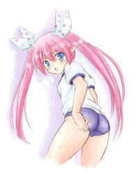  bad_id bad_pixiv_id blue_buruma blue_eyes blush buruma cilfy female gym_uniform heavy_breathing long_hair phantasy_star phantasy_star_portable_2 phantasy_star_universe photoshop_(medium) pink_hair pointy_ears solo twintails 